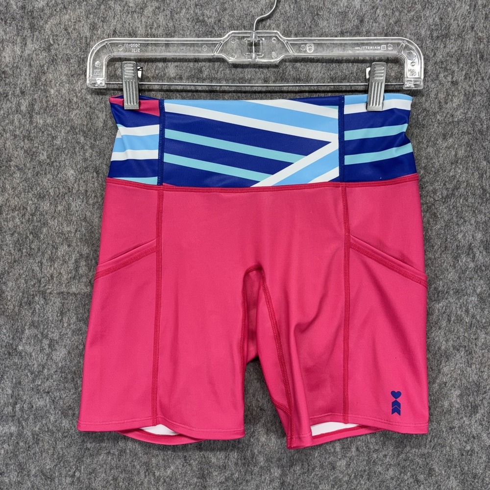 COEUR Fitted Running Shorts Womens Small Pink Blue Zip Pocket Triathlon Train 7"